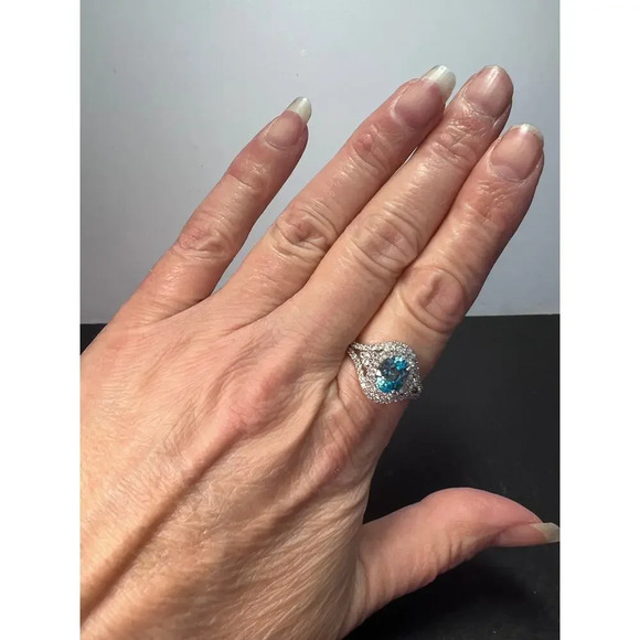 10k white gold blue topaz and white zircon double halo ring size 9 - Picture 8 of 10